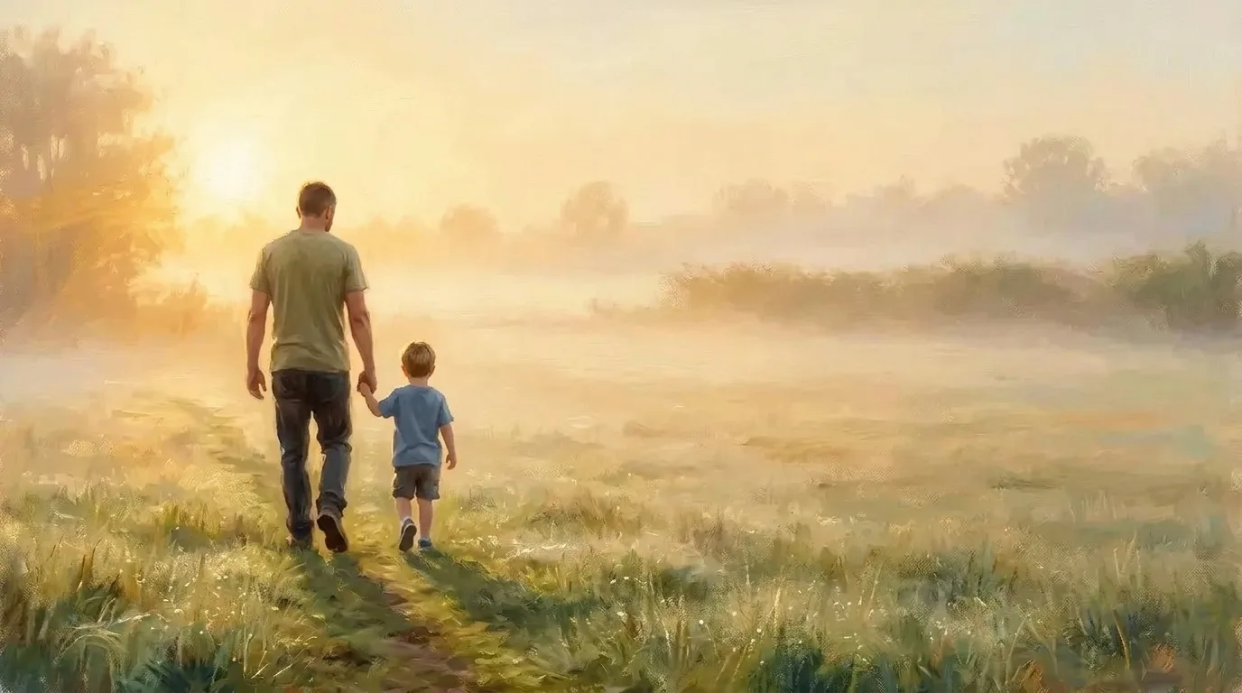 Oil painting of a father and child walking through morning fields